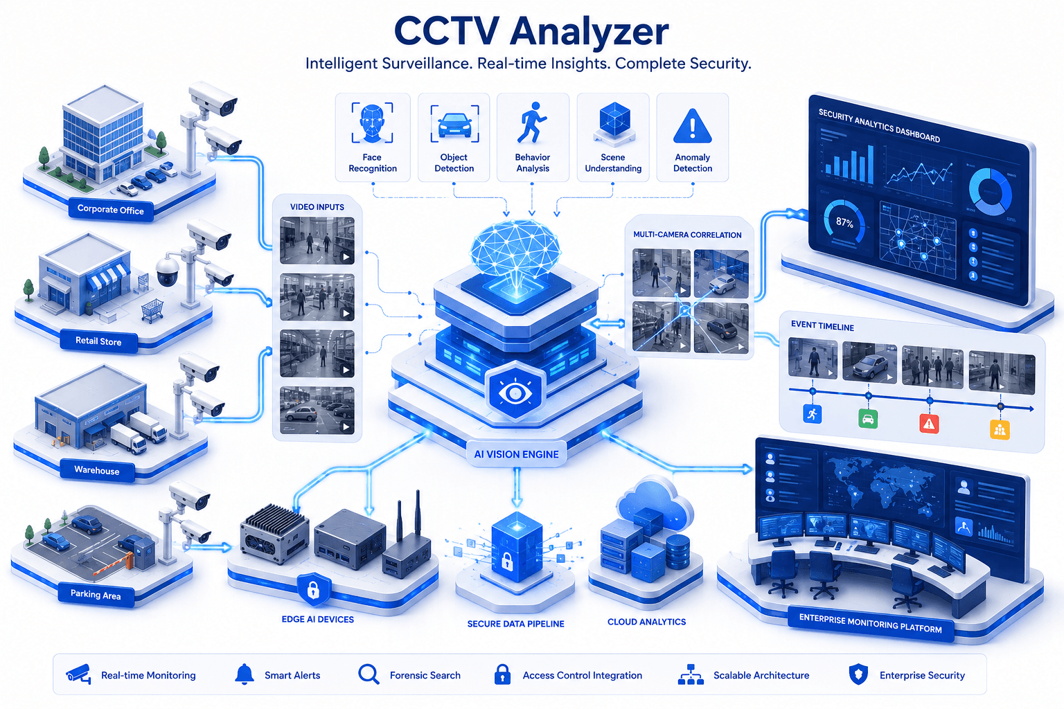 CCTV Analyzer architecture connecting multiple surveillance environments, AI vision analysis, multi-camera correlation, event timelines, edge devices, secure pipelines, and monitoring dashboards