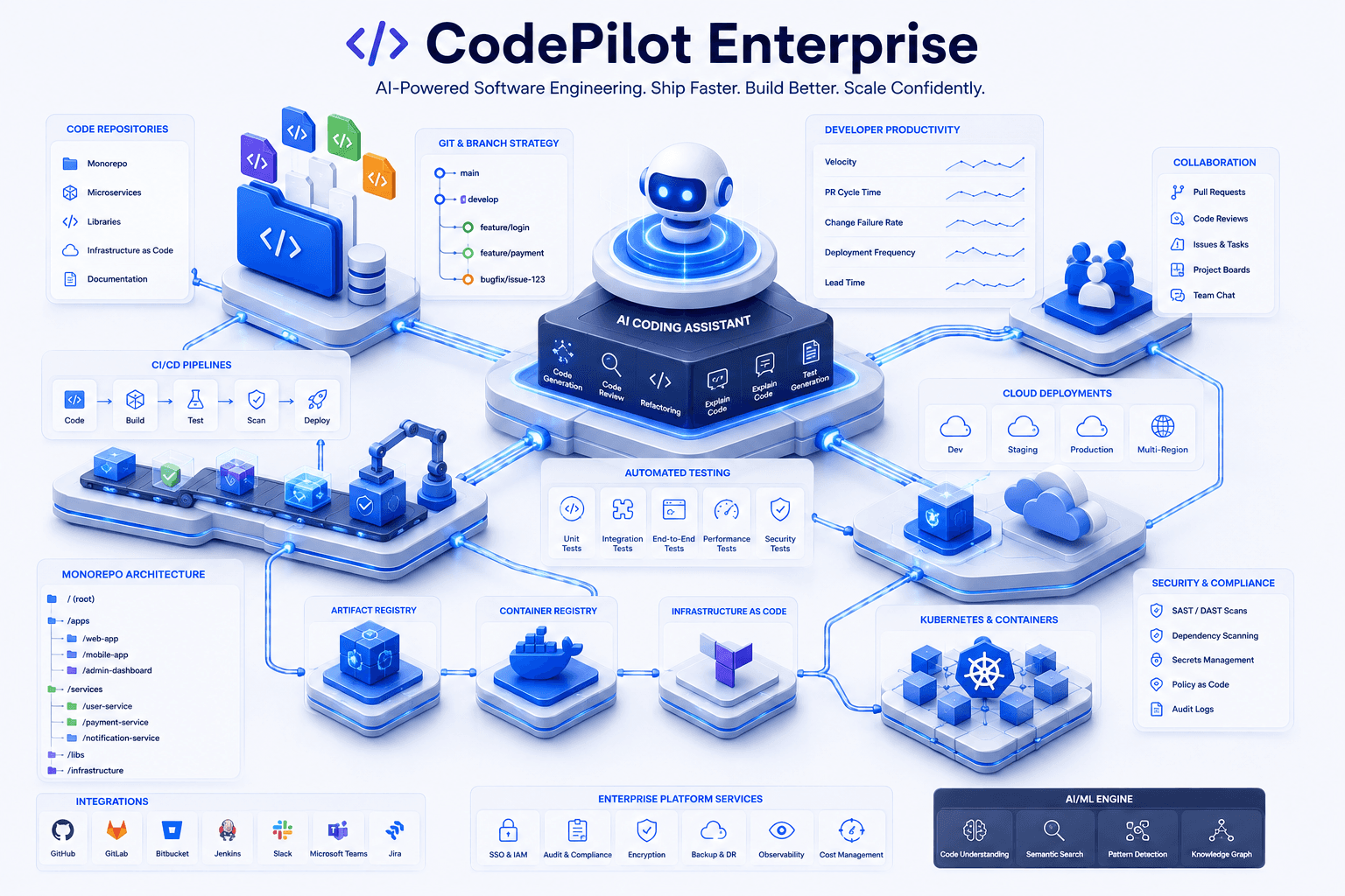 CodePilot Enterprise architecture connecting code repositories, AI coding assistance, testing, CI/CD, collaboration, cloud deployment, containers, security, and enterprise platform services