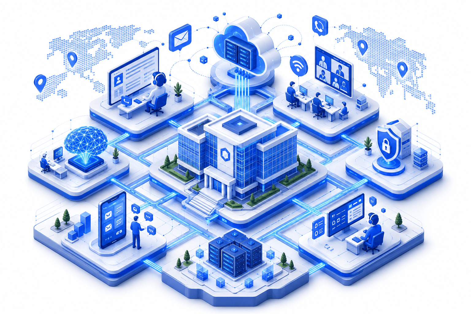 Connected enterprise collaboration network linking communication, cloud systems, security, AI engineering, support teams, and distributed operations