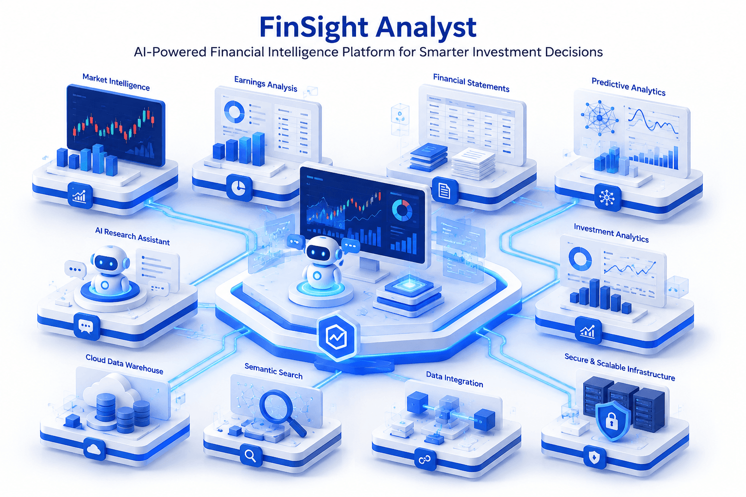 FinSight Analyst financial intelligence platform connecting market intelligence, earnings, financial statements, predictive analytics, semantic search, data integration, and secure infrastructure