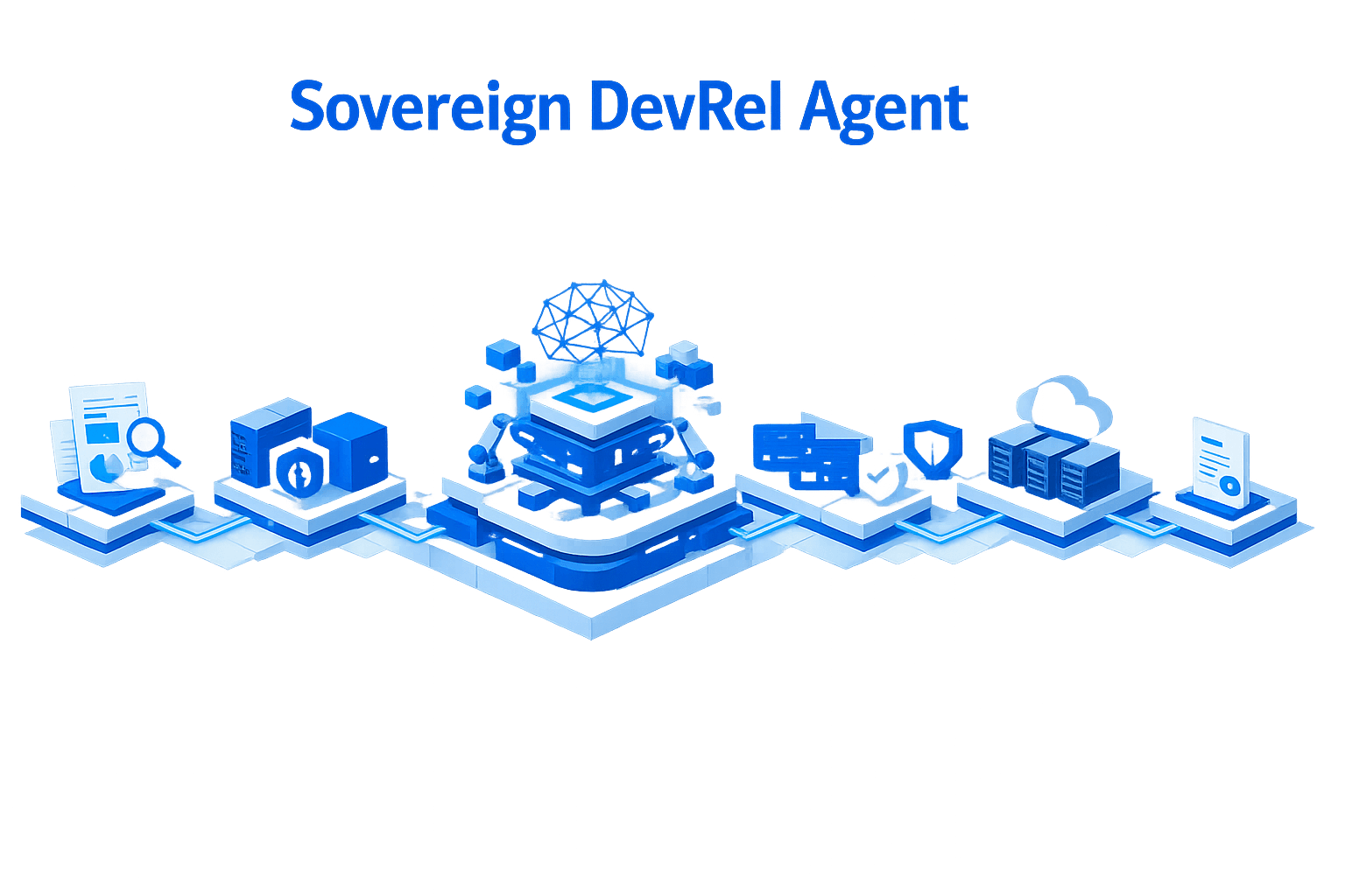 Concept visualization of a sovereign DevRel agent connected to secure infrastructure, monitoring, cloud systems, and governed enterprise services