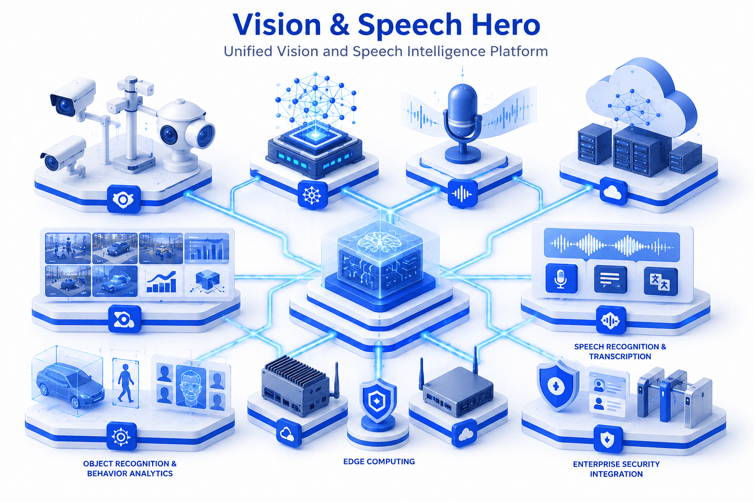 Unified vision and speech intelligence platform connecting cameras, visual AI, microphones, transcription, cloud analytics, edge computing, and enterprise security