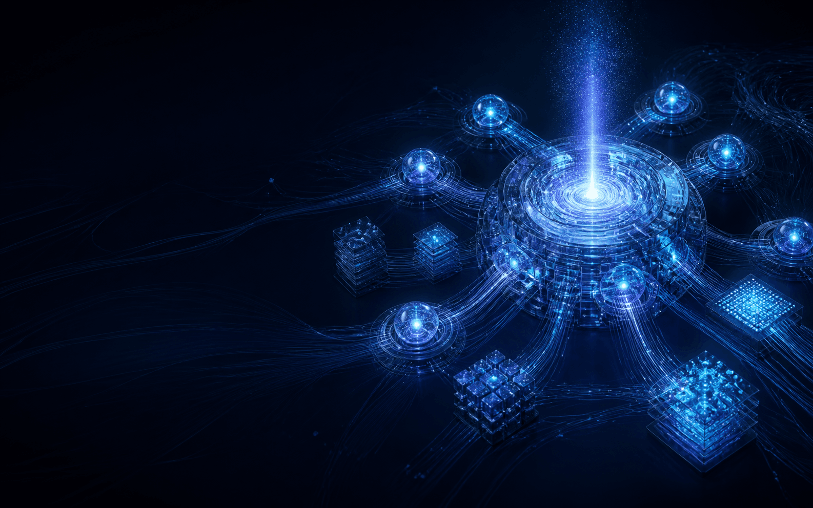 Isometric illustration of connected AI agent nodes forming a network